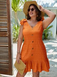 EMERY ROSE Plus Tie Shoulder Ruffle Hem Summer Outfits Dress - Orange - View 6
