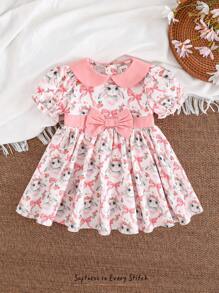 Cozy Pixies Baby Mädchen Kleid mit Cartoon Hase Muster, Puffärmel, Taillenzug