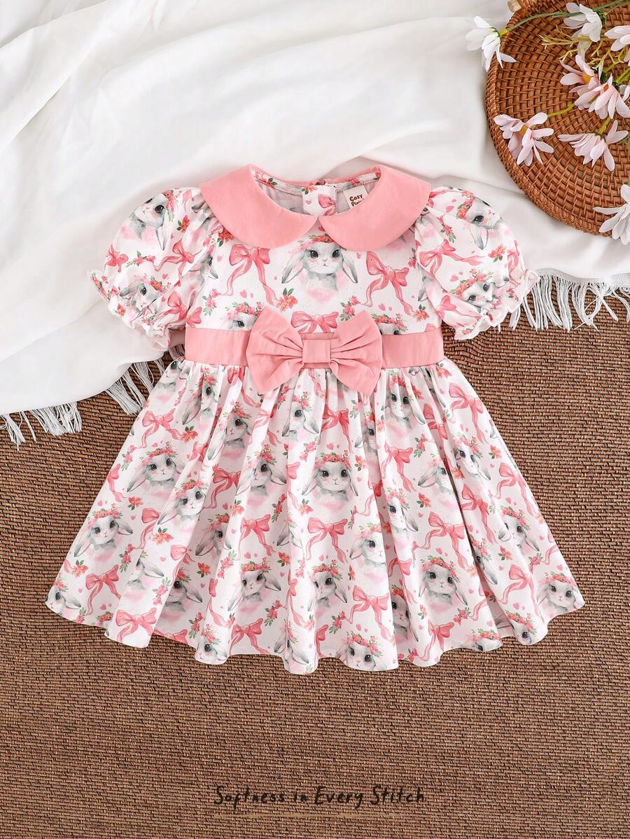 Cozy Pixies Baby Mädchen Kleid mit Cartoon Hase Muster, Puffärmel, Taillenzug