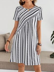 EMERY ROSE Women Striped Round Neck Short Sleeve Casual Straight Mini Dress - Multicolor - View 3