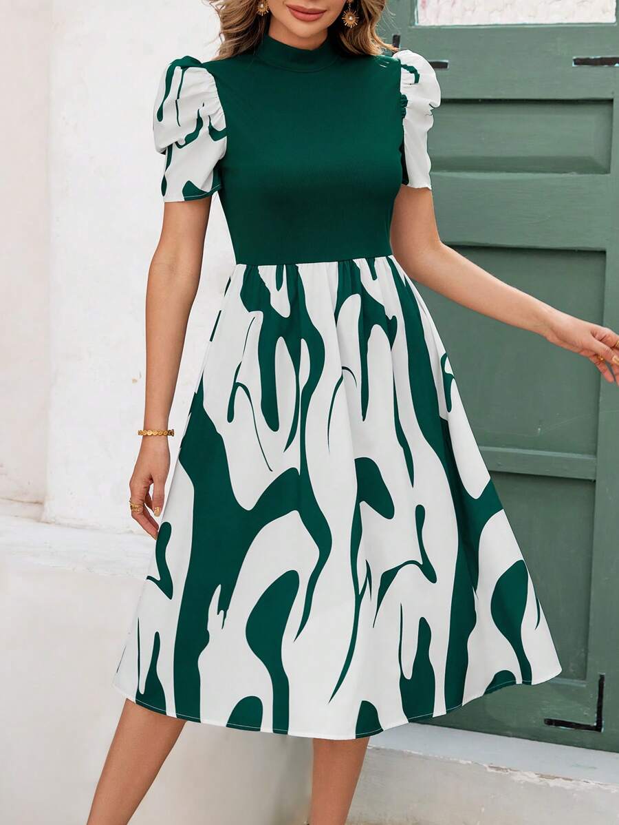 SHEIN Clasi Elegant Ribbed Raglan Sleeve Midi Dress With Waist Cincher, Crew Neck, Short Sleeve, Fitted, Casual Everyday Wear, Spring/Summer - Multicolor - View 1