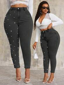 SHEIN SXY Pantalones vaqueros azules elásticos con decoración de perlas, para tallas grandes