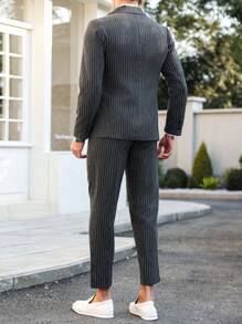 Manfinity Bizformal 男士条纹双排扣西装外套和西裤套装，商务/通勤装 - 黑色 - 查看 2