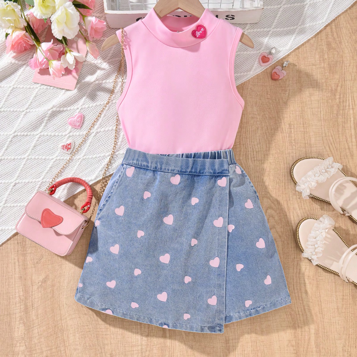 Set de 2 piezas para niña preadolescente con camiseta de tirantes rosa con aplique de corazón y cuello, talla grande falda pantalón de mezclilla co