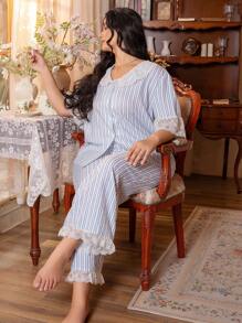 Côtesoire Plus Size Striped Lace Collar Sleepwear Set - Blue and White - View 3
