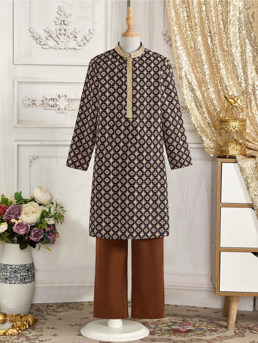 Tween Boy All-Over Print Mid-Length Top & Pants 2 Pieces Set - Brown - View 1