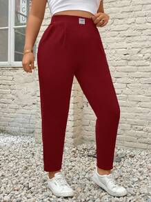 SHEIN Essnce 女式大码口袋贴片铅笔裤，休闲时尚百搭休闲裤 - 酒紅色 - 查看 6