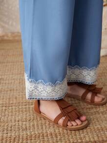 Blossori Quần denim ống rộng cạp chun co giãn viền ren màu xanh thanh lịch cho bé gái, mùa xuân/hè - Màu xanh lam - Xem 5