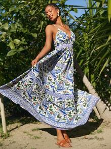 Travachic Woven Printed Spaghetti Strap Backless Dress For WomenSpring And Summer Outfits,Summer Clothes,Valentine's Day,Vacation Outfits Woman,Beach Outfits For Woman, Festival,Romantic And Elegant Clothing,BOHO