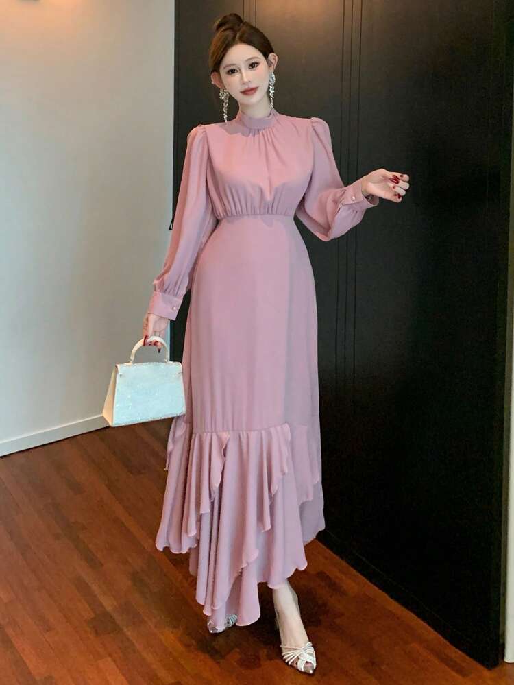Women's Stand Collar Long Sleeve Ruffle Trim Long Dress Prom Dress,Fall Dress Elegant Women Dresses Maxi Dress