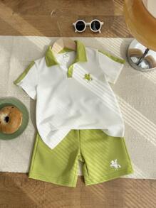 SHEIN 2pcs/Set Young Boy Patchwork Cute Cartoon Horse Print Contrast Color Polo Collar Short Sleeve T-Shirt And Shorts Summer Outfit, Suitable For Outdoor Play, School, Street Style, Party And Casual Wear, Good Value