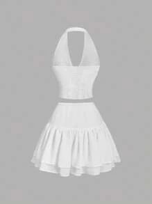 SHEIN MOD Women's White Summer Elegant Vacation Holiday 3D Floral Halter Neck Scalloped Top And Ruffle Mini Skirt Set,Resort Bohemian Tea Party Cruise Wear - White - View 2