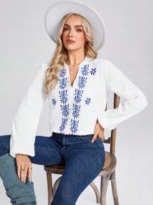 SHEIN LUNE V-Neck Frill Lantern Sleeve Cotton Embroidered Casual Vacation Elegant Women Blouse - White - View 4