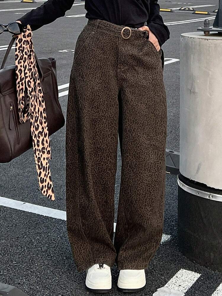 Women's Leopard Print Loose Wide-Leg Casual Jeans