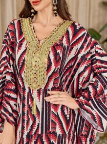 Al Najma Women Geometric Print Batwing Sleeve Loose Arabian Style Dress, Kaftan & Jalabiya - Multicolor - View 5