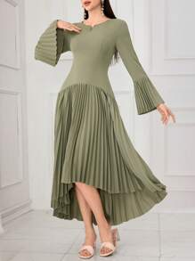 Modelyn Vestido largo elegante de mujer con manga acampanada y plisado en unicolor - Verde Oliva - Ver 5