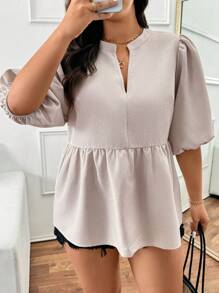 SHEIN Frenchy Top femme grande taille de couleur unie pour le printemps, petit col en V smock pull-over blouse - Nude - Voir 5