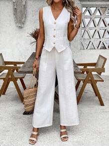 EMERY ROSE Conjunto de chaleco y pantalones de un solo boton en color solido para mujer