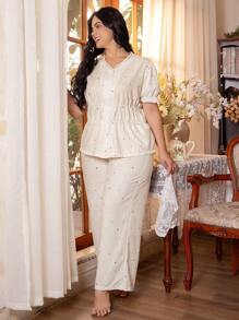 大码彩色波尔卡圆点印花短袖休闲上衣和长裤睡衣套装