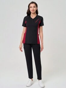 TaskEZ 2pcs Contrast Color Scrub Top And Pants Scrub Uniform Set - Multicolor - View 7