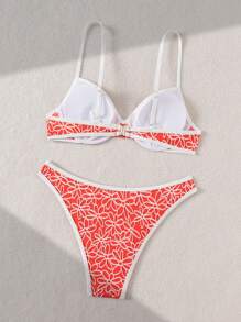 Swim Mod Traje de baño de mujer para vacaciones de primavera y verano, con bikini de copa desmontable, acento de lazo y textura floral