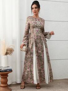 Yasmyna 女士花卉提花圆领长袖优雅阿拉伯风格 Jalabiya 连衣裙 女士连衣裙 优雅女士正式、端庄 - 彩色 - 查看 6