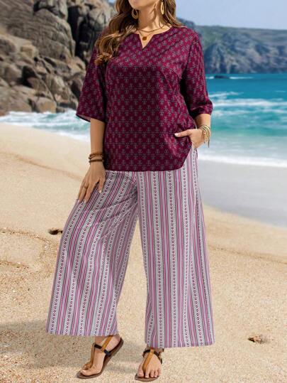 EMERY ROSE 2pcs/Set Plus Size Women Floral Print 3/4 Sleeve Shirt And Wide Leg Pants Spring Outfits For Women Vacation Country