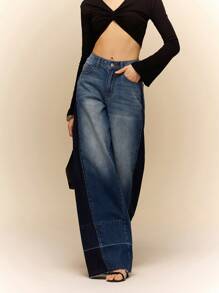 Poéselle Dames lage taille zakken wijde pijp losse casual jeans