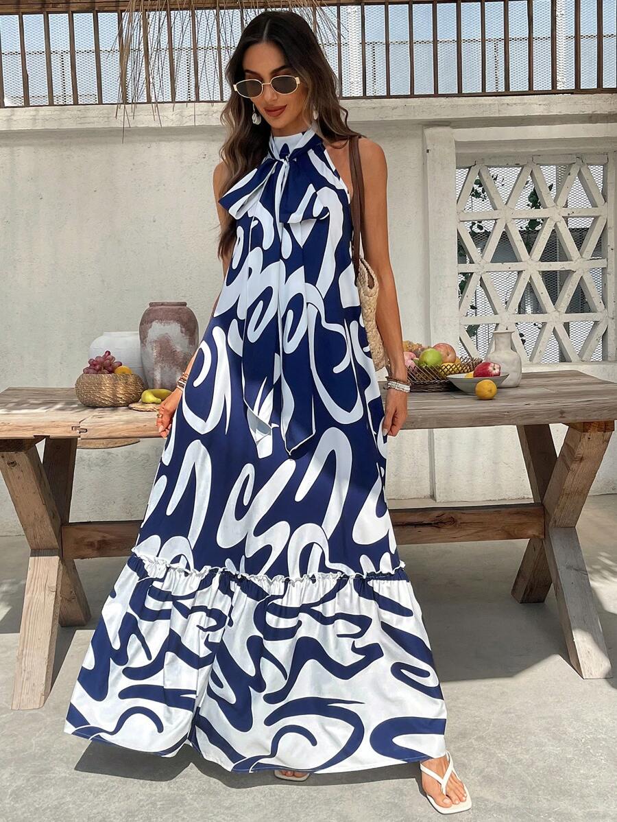 SHEIN VCAY Woven Print Open Shoulder Dress For Women