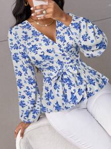 SOLERSUN 随机花卉印花腰带女式衬衫 - 藍色 - 查看 5