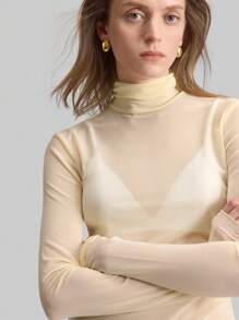 Ontre Bộ sưu tập thời trang nữ mùa Xuân/Hè 2026 phong cách Stockholm, trang phục giáo viên nữ, quần áo nữ, áo len cổ lọ màu be, áo kiểu mùa hè thanh lịch, áo sơ mi dài tay lưới, áo cơ bản công sở thường ngày dành cho nữ. - Màu be - Xem 5