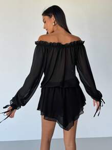 Aloruh Women's Spring And Summer Sexy Romantic Holiday Music Festival Ruffle Neckline One-Shoulder Straps Hollow Loose And Elegant Chiffon Pleated Asymmetric Hem Black Mini Dress