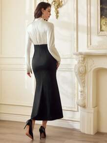 Vintamour 复古优雅 V 领长袖拼接黑白拼色缎面休闲鸡尾酒鱼尾连衣裙 - 黑與白 - 查看 5