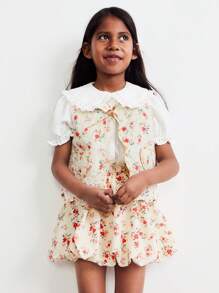 SHEIN Young Girls Spring/Autumn Casual Ditsy Floral Sleeveless Jacket - Beige - View 3