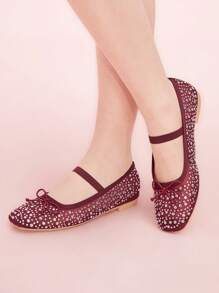 CUCCOO DOLLMOD Fashionable Wine Red Fully Rhinestoned Mesh Mary Jane Flats, Cute & Sweet For School, Students Spring Shoes Spring Break Easter - Burgundy - View 1