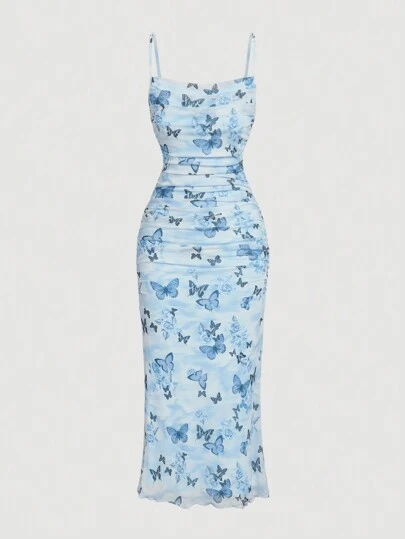 SHEIN MOD Vestido largo romántico y lindo de mujer con estampado de mariposas rosa