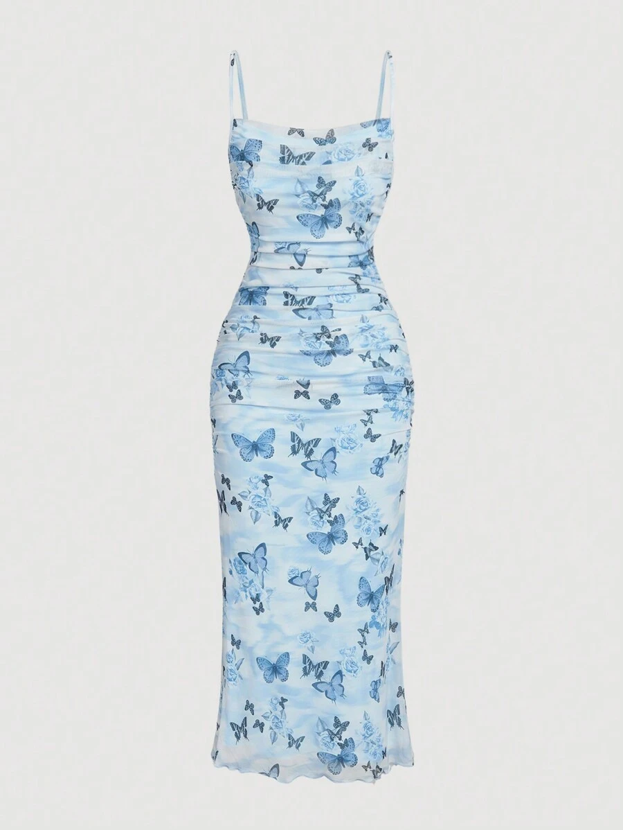 SHEIN MOD Pink Butterfly Print Romantic Cute Women Long Dress - Blue - View 1