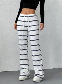 SHEIN EZwear 女士休闲前系带条纹裤，简约风格