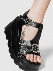 ROMWE Grunge Punk Women's Chain Decor Casual Wedge Heel Platform Sandals - Black - View 3
