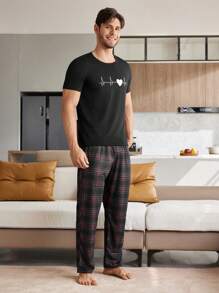 CoupledUp Men's Heart Print Short Sleeve Top And Pants Pajama Set, Boyfriend Gift
