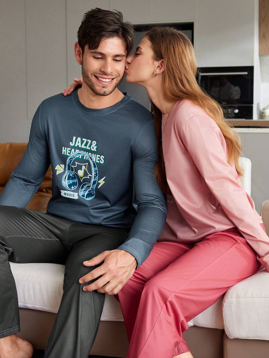 女士休闲字母印花睡衣套装 - 上衣和裤子