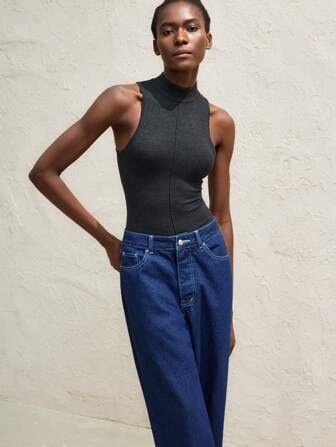 Maija Vrouwen Staande Kraag Mouwloos Slim Fit Casual Gebreid Bodysuit Festival