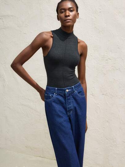 Maija Damskie body z kołnierzykiem typu stójka, bez rękawów, dopasowane, swobodne, dzianinowe, festiwalowe