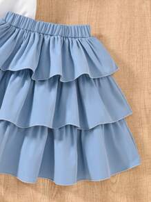 SHEIN 2pcs Tween Girls Blue Cherry Sequin Patch Shirt With Blue Layered Cake Skirt, Cute & Fashionable Spring/Summer Outfit - Red - View 5