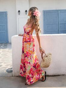 Vivid Eden Woven Floral Print Maxi Slip Dress For Women,Beige,Summer,Boho,Beach,Holiday, And Elegant Bohemian Sweet Tropical Vacation Outfit,Festival - Multicolor - View 3
