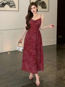 DAZY Damen elegantes Kleid mit drapiertem Ausschnitt, ärmellos, knielang, Abendkleid, Sommerkleid, Rot - Bordeaux - Übersicht 4