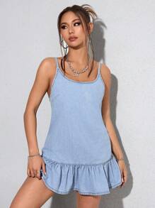 SHEIN PETITE Women's Simple Solid Color Casual Denim Cami Dress, Fashion & Everyday Wear