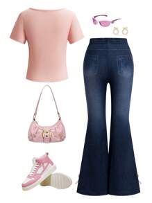 SHEIN Juego de 2 piezas: Pantalón campana de efecto denim con lazo elegante + Camiseta de manga corta ajustada con encaje para adolescentes, lazo rosa