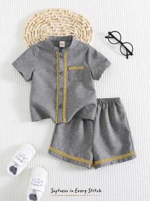 Cozy Pixies 2pcs/Set Baby Boys Contrast Color Banded Collar Short Sleeve Cardigan And Elastic Waist Shorts Set, Suitable For Summer