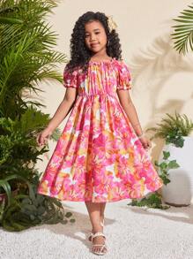 Sparklyn Tween Girl' Floral Print Square Neck Holiday & Casual Dress - Multicolor - View 3